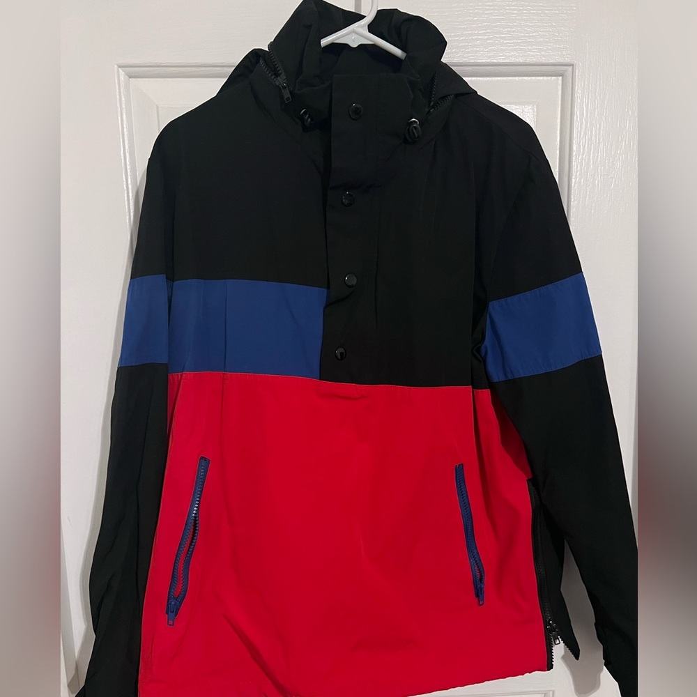 Forever 21 Men M Jacket Windbreaker Hoodie Zip Long Sleeve Red Blue Color Block